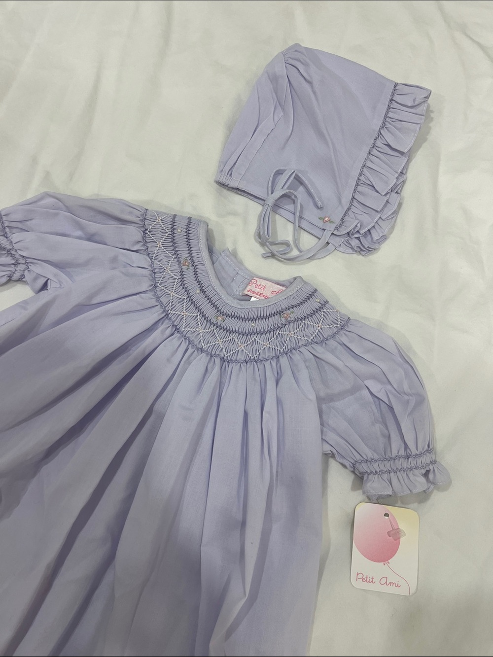 Petit Ami Lilac Smocked Dress with Bonnet